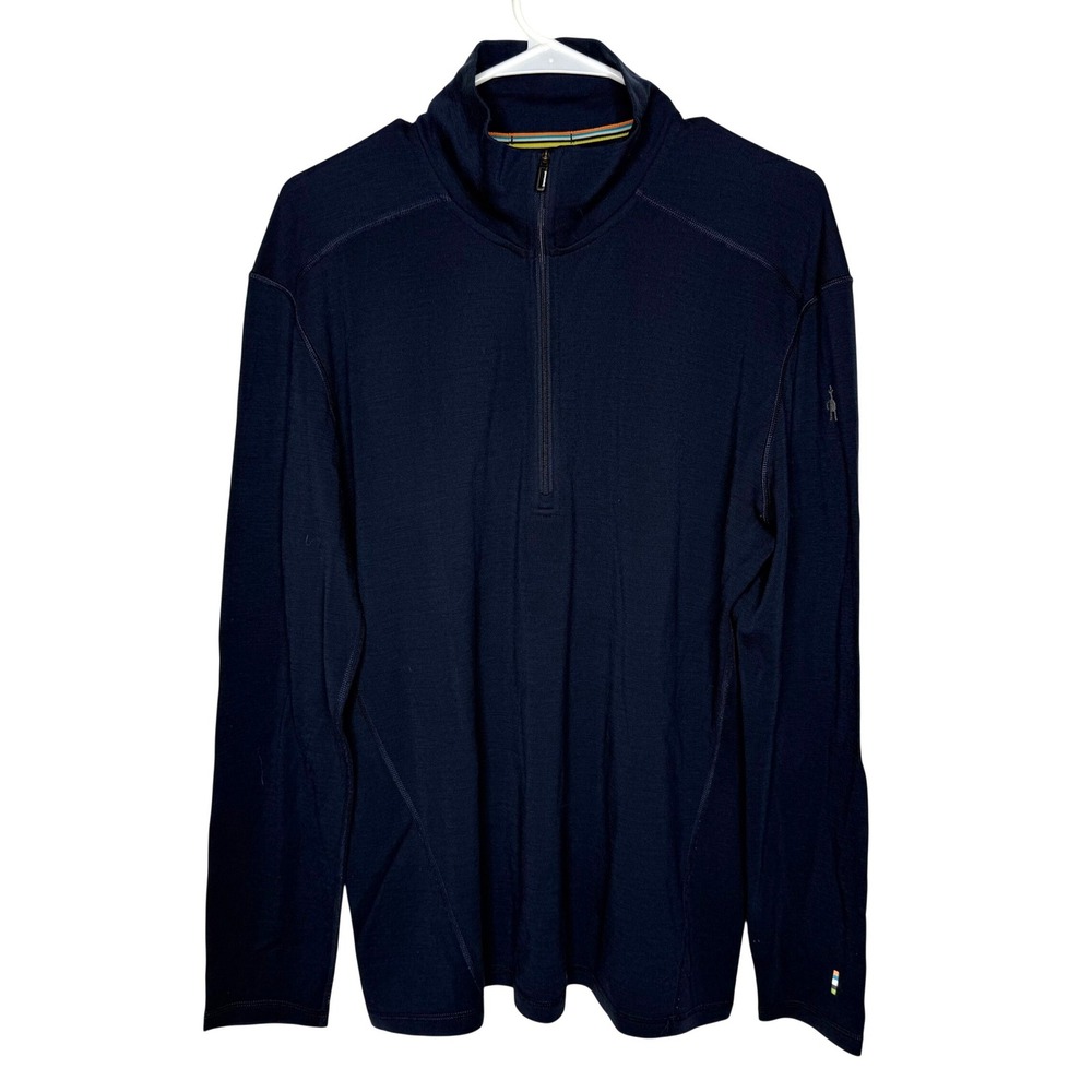 Smartwool Mens Large Navy Blue Merino Wool Quarter Zip Pullover Base Layer Top